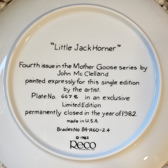 Reco John McClelland - Mother Goose Series Plate - "Little Jack Horner" Numbered - Picture 3 of 7